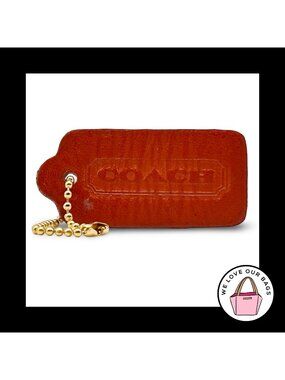 Rare VINTAGE COACH Coral Red Orange Leather Key Fob Bag Charm Keychain Hang Tag